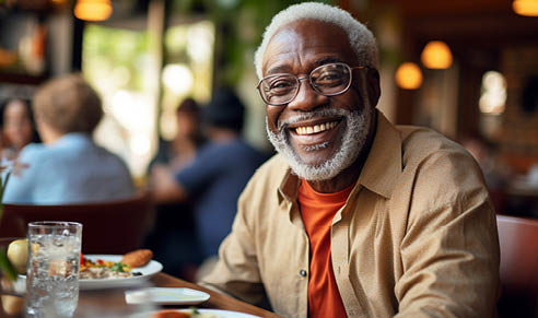 Happy elderly afro american man sitting at table